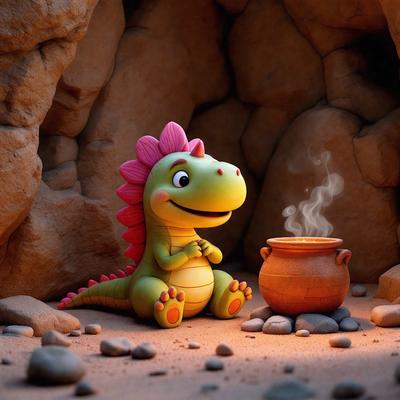 The primary subject of the image is a cartoon dinosaur, specifically a green and red dragon, sitting in a cave. The setting is a rocky environment, with the dinosaur sitting on a rocky surface. The visual style is a digital art or illustration, giving the image a whimsical and playful atmosphere. The dominant colors are green and red, which are used to create the dinosaur's appearance.